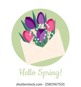 Greeting card template with tulips and gypsophila in an envelope. Vector illustration