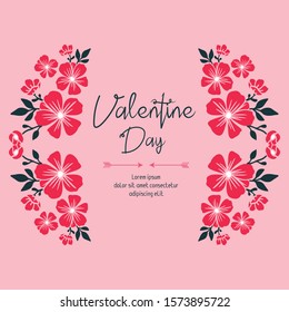 Greeting card template of valentine day, with beautiful pink flower frame realistic. Vector