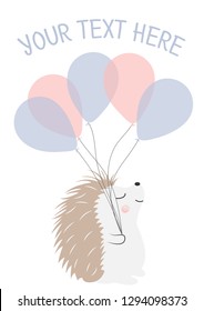 Greeting card template. Vector template for greeting card. Greeting card with hedgehog and balloons