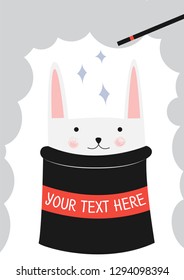 Greeting card template. Vector template for greeting card. Greeting card with rabbit and magic 