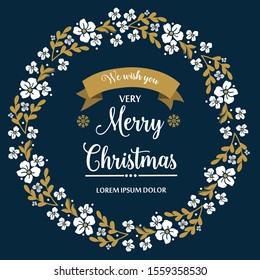 Greeting card template of very merry christmas with nature white flower frame ornament. Vector