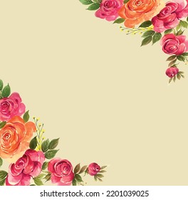 Greeting card template, watercolor flowers, frame with peonies and roses, floral illustration hand painted. Isolated on white background.

