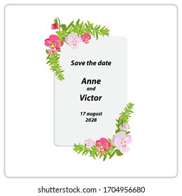 Greeting card template, wedding invitation, save the date. Frame of delicate viola flowers, pansies pink with rosemary. Floral wreath. White background. Isolated. Space for your text