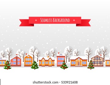 Greeting card template. Winter seamless background. Flat style vector illustration of Christmas town. New year and Xmas Holidays design.