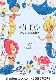 Greeting card template wirh cute beautiful mermaids and sea animals. Frame composition. Vector illustration.