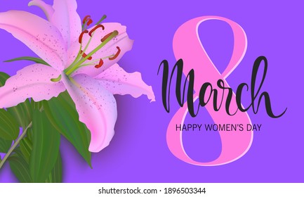 Greeting card template for Women's Day on March 8.Illustration with a pink lily flower isolated on a lilac background.