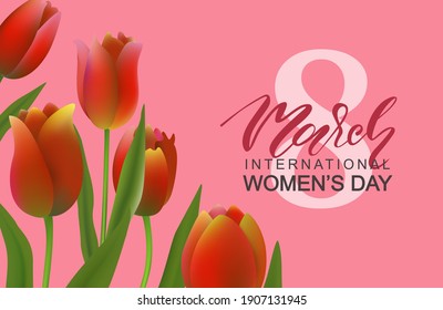 Greeting card template for Women's Day on March 8.Illustration with red tulips.Vector illustration.