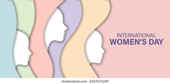 Greeting card template for Women's Day March 8th. Female profile silhouettes with shadow, cut paper effect. Vector