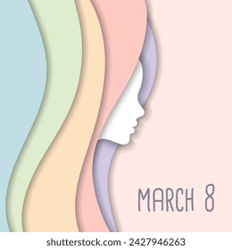 Greeting card template for Women's Day March 8th. Female profile silhouettes with shadow, cut paper effect. Vector