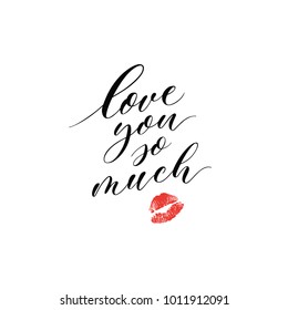 Greeting card template with the words love written by calligraphy. Valentine's Day greeting card in modern style, poster, print