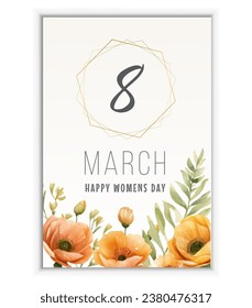 Greeting card template with yellow poppies, feminist activists and happy women's day wishes. Modern holiday vector illustration for March 8th celebration.