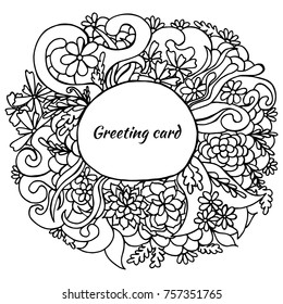 Greeting card template.Hand drawing vector illustration. Black and white line art. Adult coloring book. 