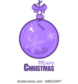 Greeting card templates for Christmas and New Year.Christmas bow with ribbon and bow. White background. Elegant shiny Christmas ball ornaments.Bright and intense purple color. Snowflake. Stock vector.