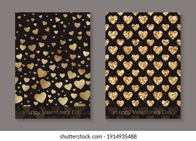 Greeting card templates for st valentine's day with golden glittering hearts on a black background.