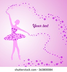 Greeting card with tender ballerina holding a whirl with flowers and ribbons.