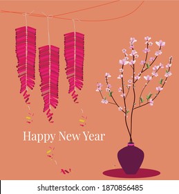 A greeting card with Tet firecrackers and peach blossom creates an atmosphere of Tet which traditional holiday in Vietnam. Book cover. Notecard.