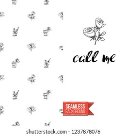 Greeting card with text: call me. Floral continuous line drawing pattern with flowers on one side. Hand drawn one line illustration. Invitation, post card or flyer vector template.
