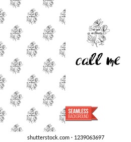 Greeting card with text: call me. Floral continuous line drawing pattern with flowers on one side. Hand drawn one line illustration. Invitation, post card or flyer vector template.