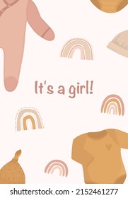 Greeting card with text It's a girl and hand-drawings of children's things and a rainbow. Vector illustration of clothes for a newborn on a light background.