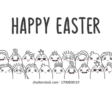 Greeting card with text Happy Easter and  Easter eggs in kawaii style. Easter eggs with face. Perfect for holiday greetings. Vector illustration.