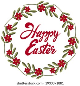 Grußkarte mit Text Frohe Ostern. Blumenrahmen mit roten Blumen von Granatapfeln. Stock-Vektorgrafik