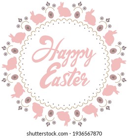 Greeting Card with Text Happy Easter. Mandala with rabbits eggs and flowers. Vector Illustration.