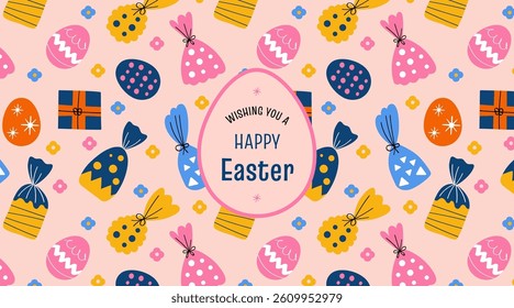 Greeting card with the text "Happy Easter" and gift boxes, eggs, sweets, and flowers. For print or digital media. Available in various sizes. Festive day vector banner. Background.
