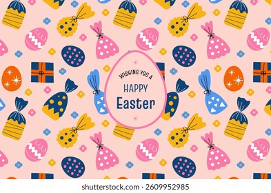 Greeting card with the text "Happy Easter" and gift boxes, eggs, sweets, and flowers. For print or digital media. Available in various sizes. Festive day vector banner. Background.