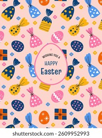 Greeting card with the text "Happy Easter" and gift boxes, eggs, sweets, and flowers. For print or digital media. Available in various sizes. Festive day vector banner. Background.