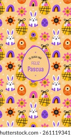 Greeting card with the text "Happy Easter" and symbols like the bunny, eggs, sweets, and flowers. For print or digital media. Available in various sizes. Festive day vector banner. Backgrouns.