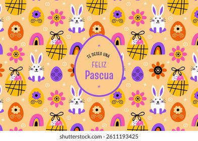 Greeting card with the text "Happy Easter" and symbols like the bunny, eggs, sweets, and flowers. For print or digital media. Available in various sizes. Festive day vector banner. Backgrouns.
