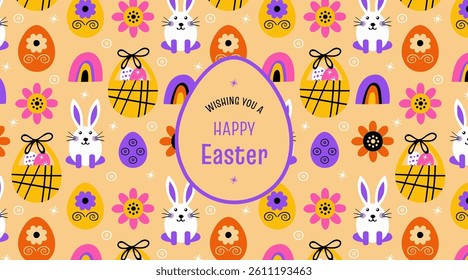 Greeting card with the text "Happy Easter" and symbols like the bunny, eggs, sweets, and flowers. For print or digital media. Available in various sizes. Festive day vector banner. Backgrouns.