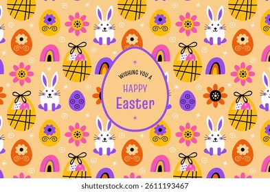 Greeting card with the text "Happy Easter" and symbols like the bunny, eggs, sweets, and flowers. For print or digital media. Available in various sizes. Festive day vector banner. Backgrouns.