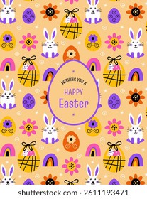 Greeting card with the text "Happy Easter" and symbols like the bunny, eggs, sweets, and flowers. For print or digital media. Available in various sizes. Festive day vector banner. Backgrouns.