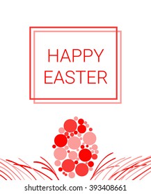Greeting Card with text Happy Easter. Red eggs in the grass on yellow background. Vector illustration