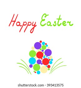 Greeting Card with text Happy Easter. Colored egg in the grass on white background. Vector illustration
