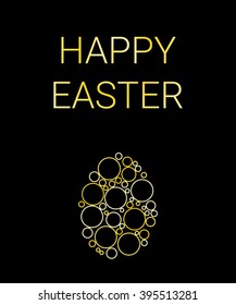 Greeting Card with text Happy Easter. Golden egg on black background. Vector illustration