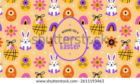 Greeting card with the text "Happy Easter" and symbols like the bunny, eggs, sweets, and flowers. For print or digital media. Available in various sizes. Festive day vector banner. Backgrouns.