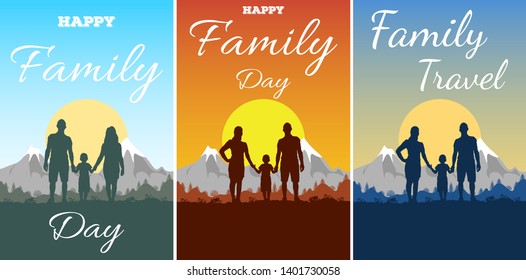 Greeting card with text Happy Family Day and Travel. Silhouette of father, mother and son on background of adventure landscape and mountain. Family in nature at sunset. Boy holds his parents hands.