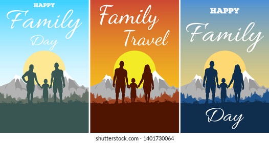 Greeting Card With Text Happy Family Day And Travel. Silhouette Of Father, Mother And Son On Background Of Adventure Landscape And Mountain. Family In Nature At Sunset. Boy Holds His Parents Hands.