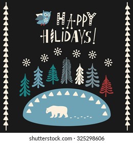 Greeting Card with text Happy Holidays, background for winter and christmas theme. Vector illustration. 