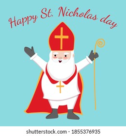 Greeting card with text Happy St. Nicholas day and Saint Nicholas cute cartoon character vector illustration. 