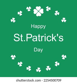 Greeting card with text Happy St Patrick Day with white clover on green background, minimalistic banner design