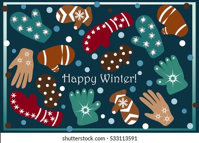 Greeting card with text - Happy Winter! The rectangular shape with the image of mittens and gloves on a blue background