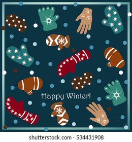 Greeting card with text - Happy Winter! The square shape with the image of mittens and gloves on a blue background.