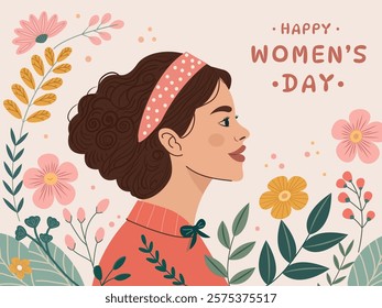 Greeting card with text Happy Women's Day. The poster shows the profile of a smiling girl with dark brown curls, surrounded by bright flowers and plants on light background. Flat doodle illustration
