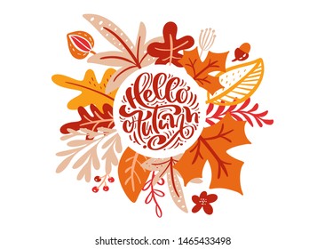 greeting card with text Hello Autumn. Orange leaves of maple, red foliage, oak and birch tree, fall nature season poster or thanksgiving day banner design