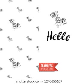 Greeting card with text: hello. Floral continuous line drawing pattern with flowers on one side. Hand drawn one line illustration. Invitation, post card or flyer vector template.