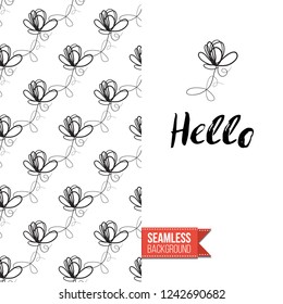 Greeting card with text: hello. Floral continuous line drawing pattern with flowers on one side. Hand drawn one line illustration. Invitation, post card or flyer vector template.