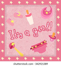 Greeting card with text "It's a girl" in shades of pink with items for a newly born child